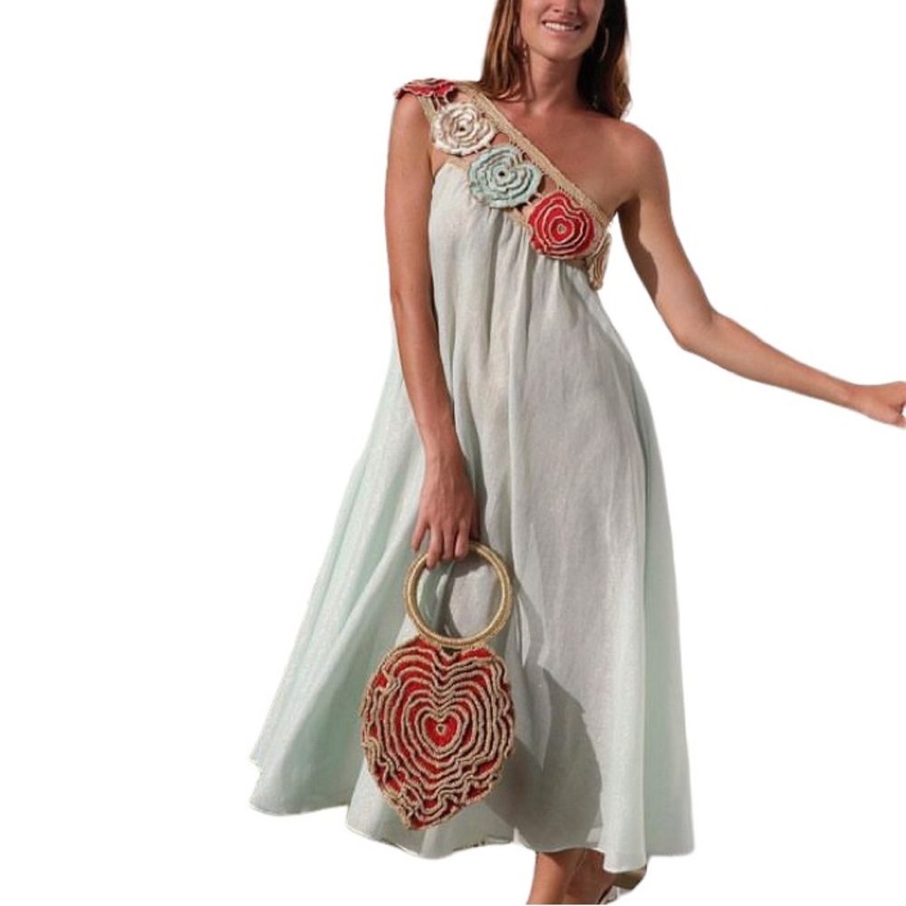 NWT My Beachy Side Amira One Shoulder Mint Metallic Hand Crocheted Coverup - OS